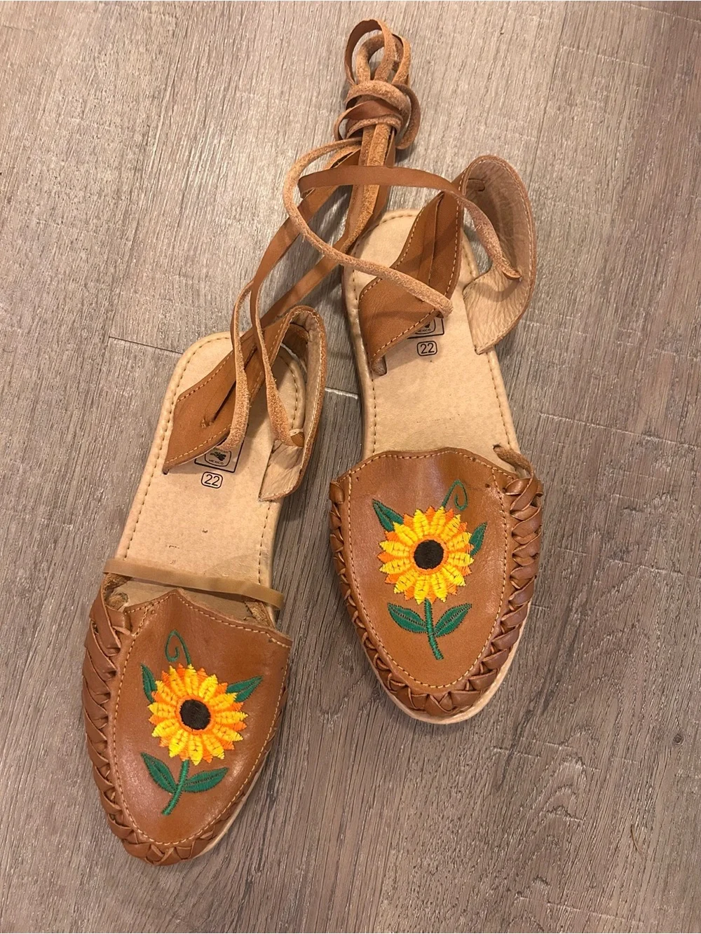Nuez Mexican Huarache Sandals Womens Size 5 Brown Sunflower Lace-Up